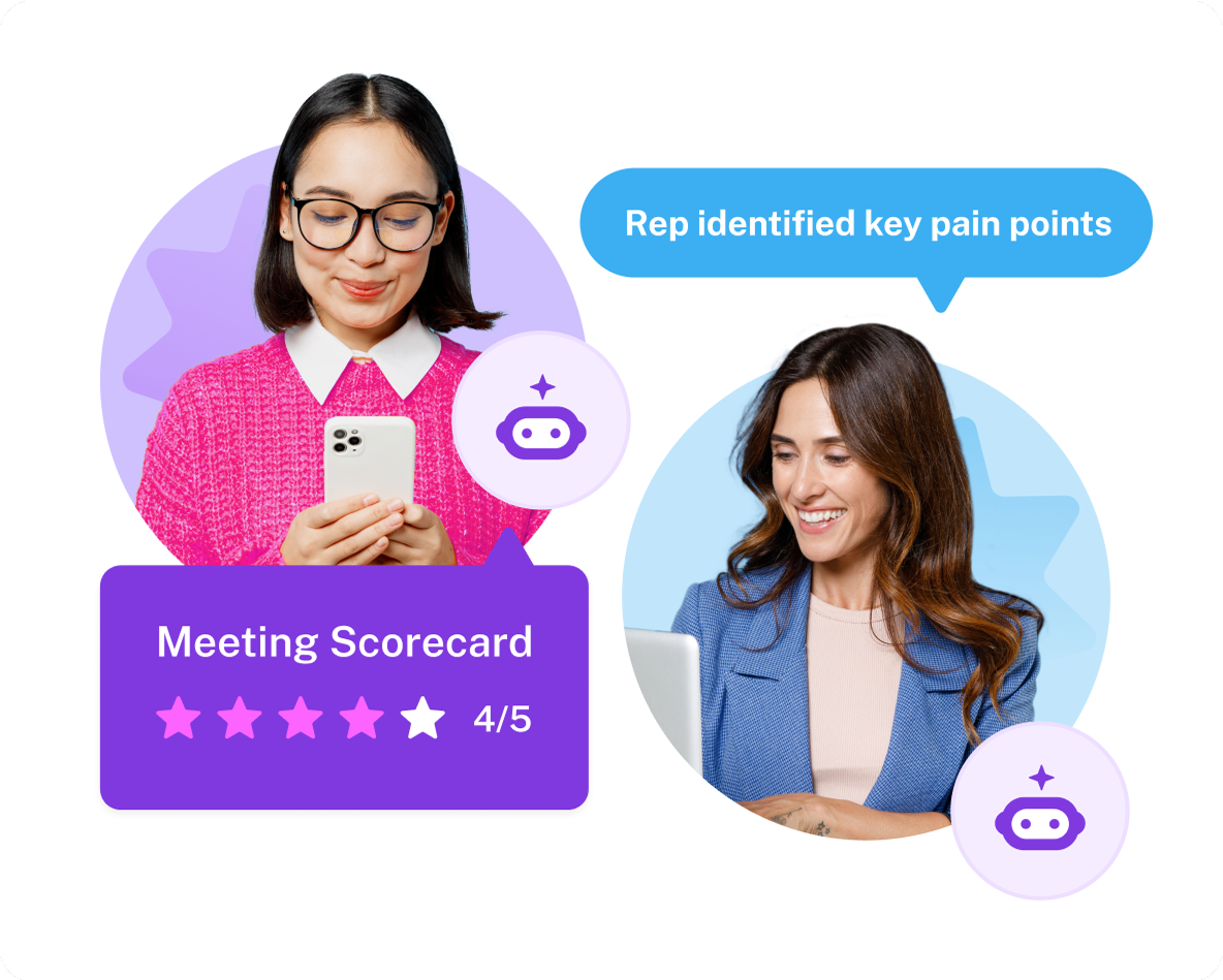 Two professionals using AI meeting intelligence tool with 4/5 star rating