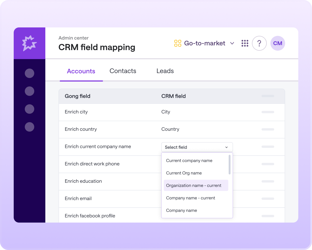 Gong's admin-center "CRM field mapping" screen matching Gong enrich fields to CRM fields, with a dropdown open to select the target field for current company name.