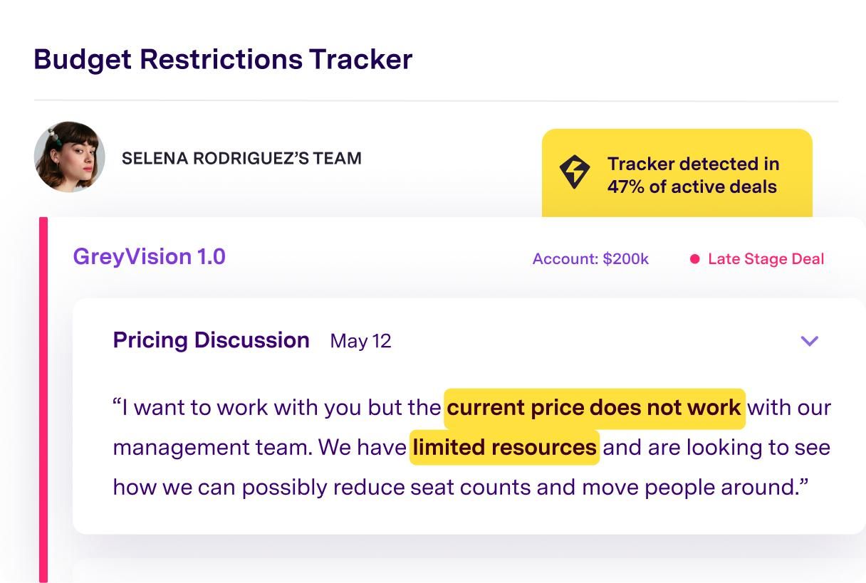 Budget Restrictions Tracker showing GreyVision deal with pricing discussion revealing customer budget constraints