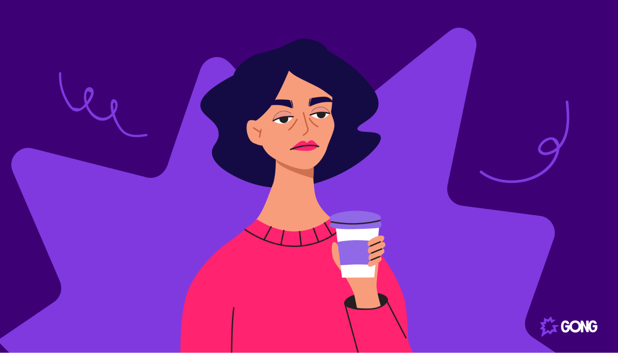 Stressed woman in red shirt holding coffee cup against purple background
