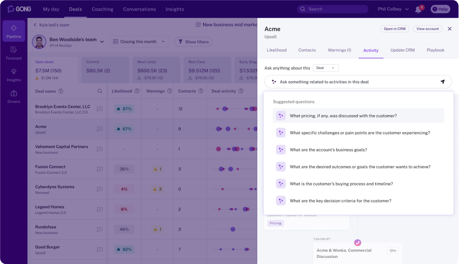 Gong CRM pipeline view displaying Acme upsell deal with AI-suggested discovery questions for sales conversations.