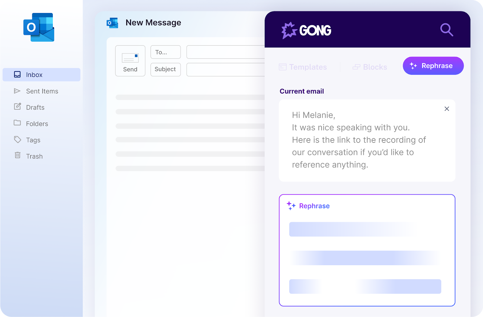 Gong Anywhere email integration showing message compose window with AI-powered Rephrase feature in Gmail sidebar