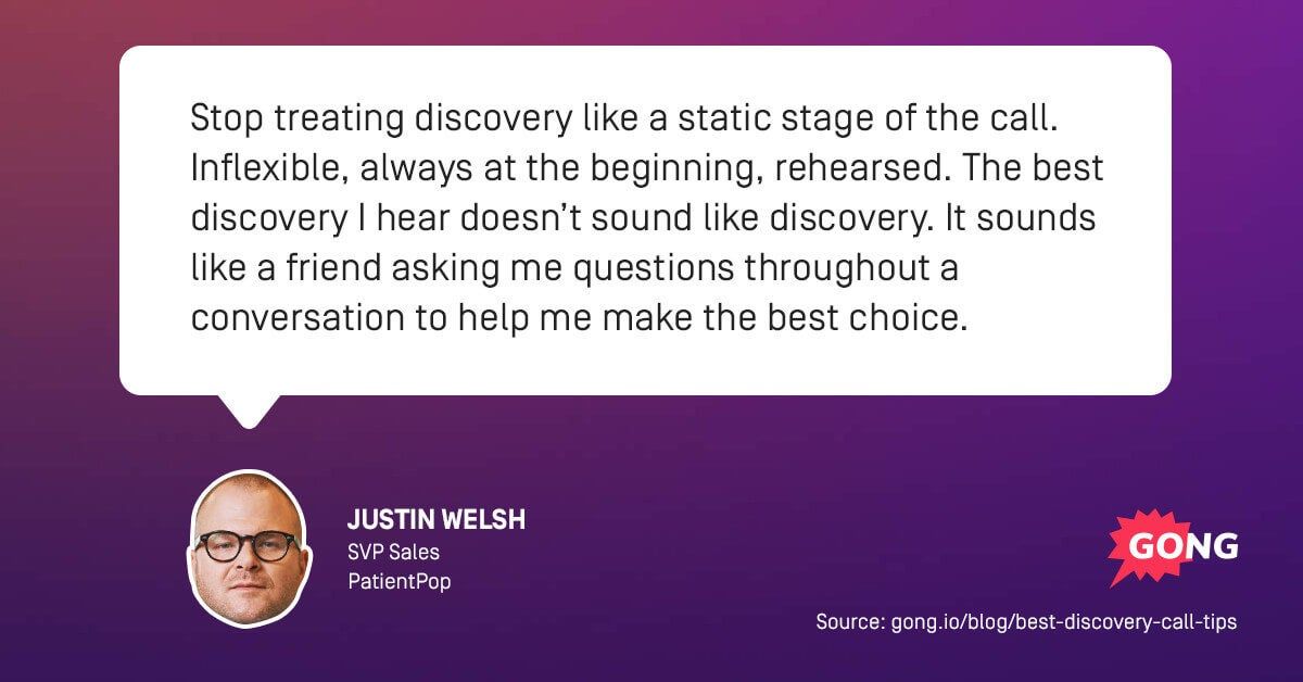 Quote from Justin Welsh, SVP Sales at PatientPop, on discovery call best practices