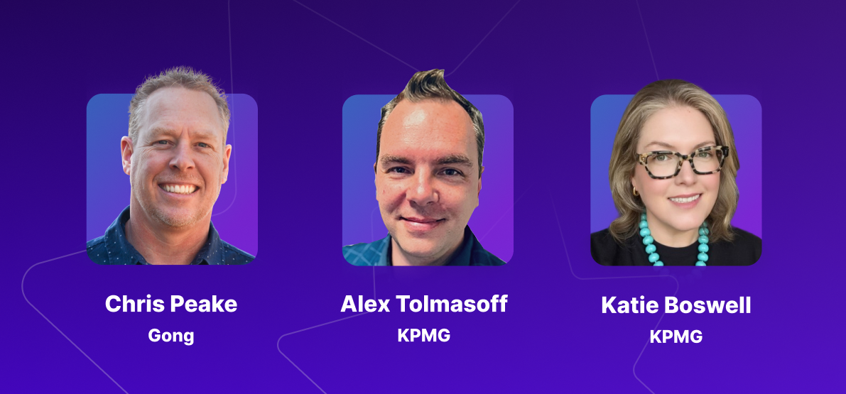 Headshots of speakers in squares against a purple background