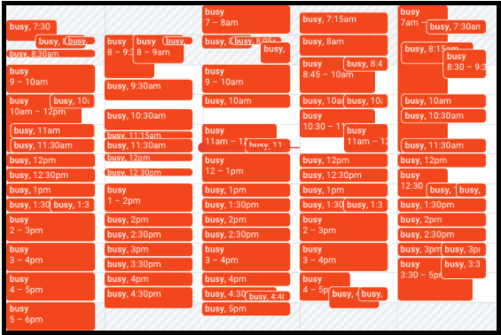 Calendar view showing busy times throughout multiple days