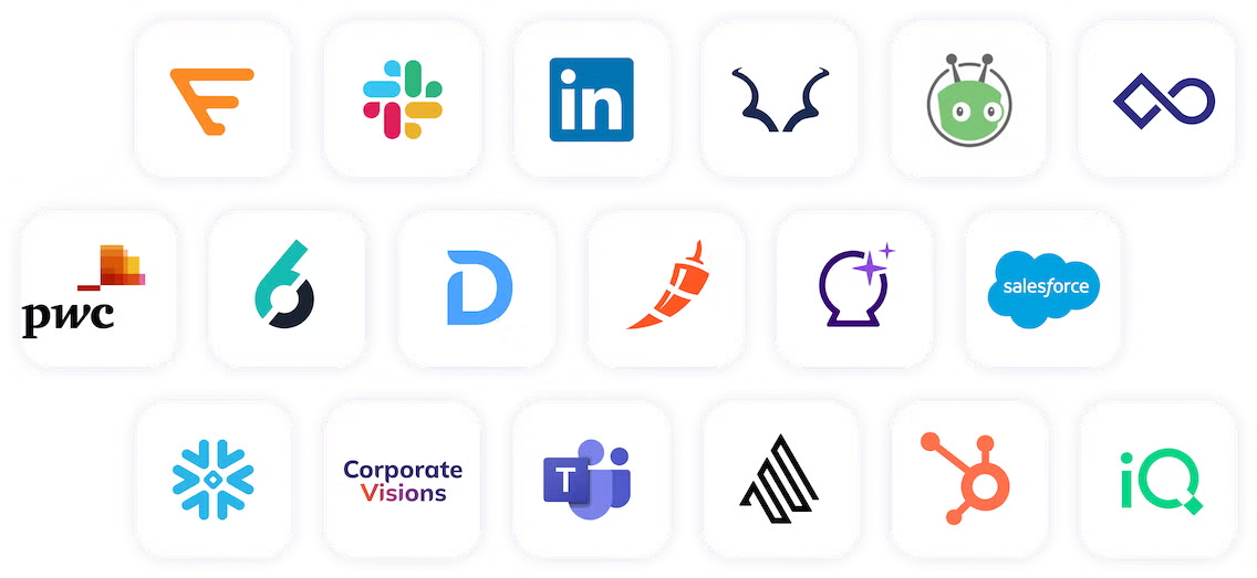 Logos of software and business platforms including Slack, LinkedIn, Salesforce, and Microsoft Teams