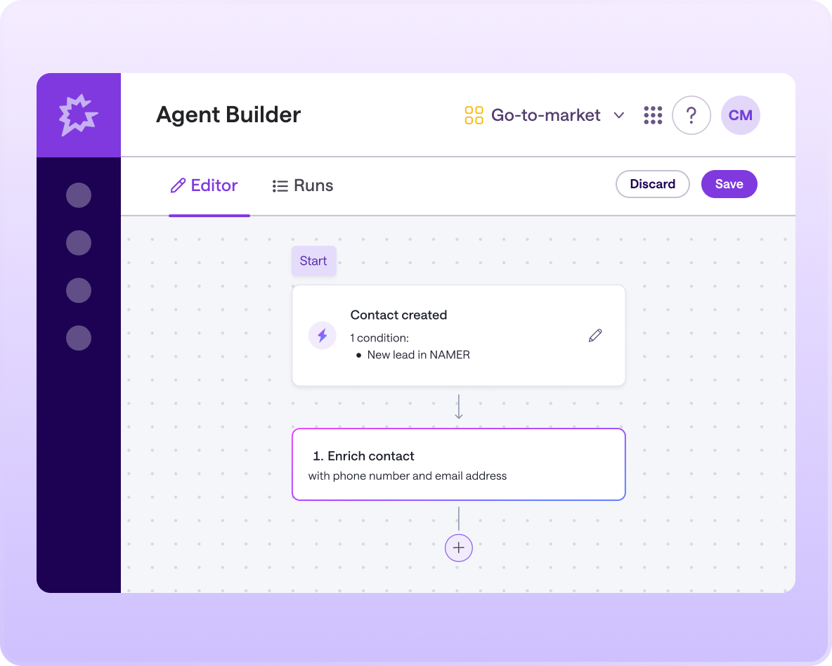 Gong's Agent Builder editor showing a workflow that triggers on a new NAMER lead and automatically enriches the contact with a phone number and email address.