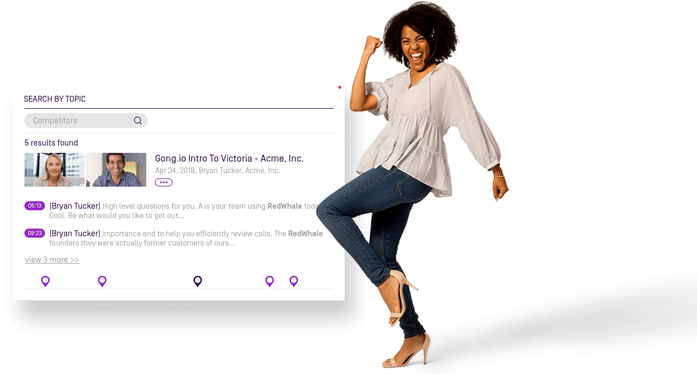 call transcript next to a woman pumping her fist