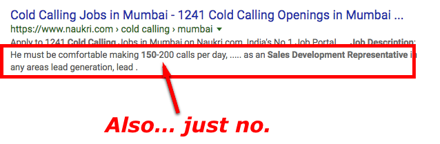 Search result showing cold calling job posting with unrealistic requirements highlighted in red box.