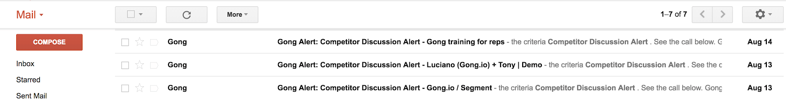 Gmail inbox showing Gong Alert notifications about competitor discussion alerts