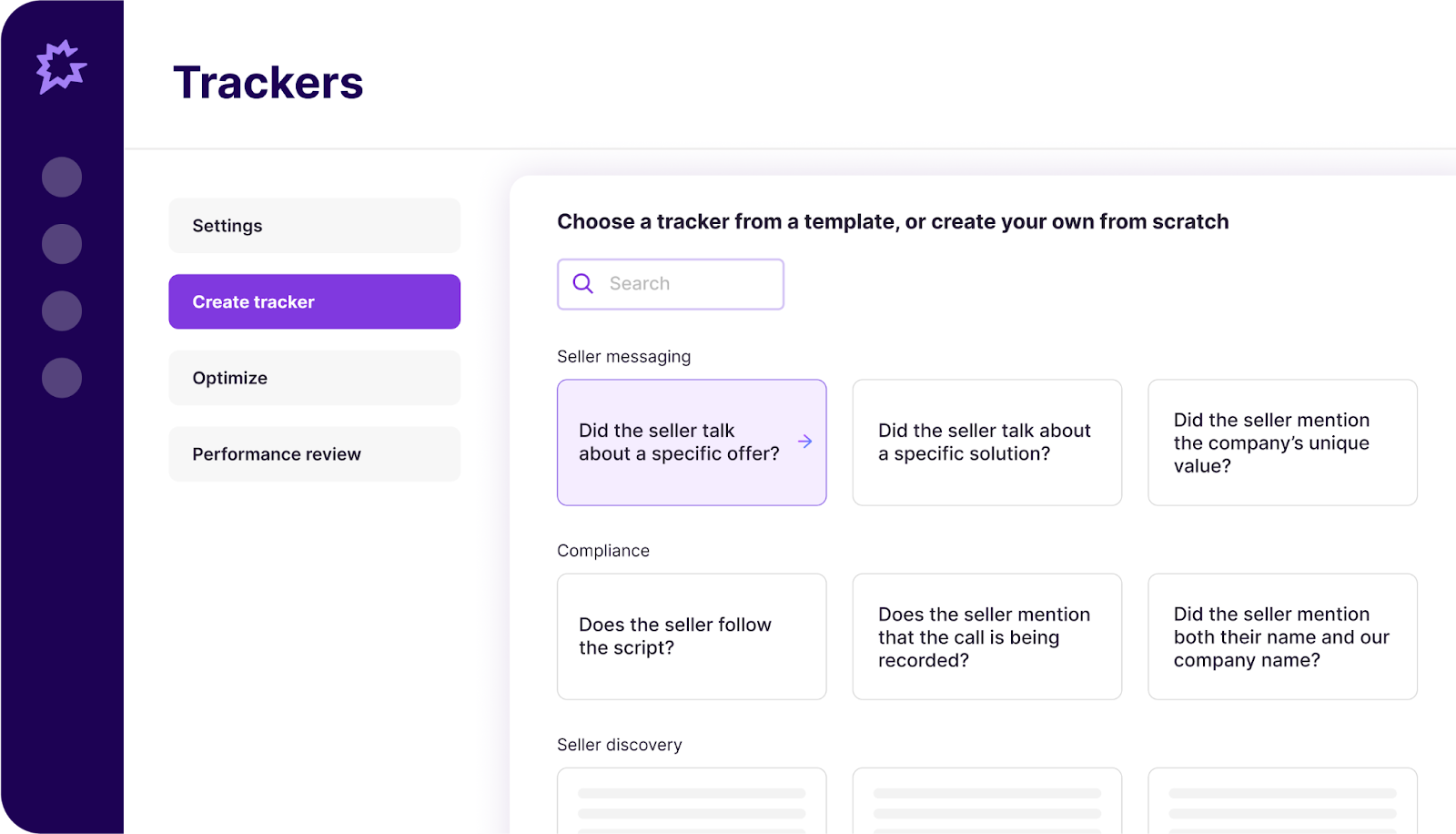 Gong Trackers interface displaying templates for seller messaging, compliance, and discovery evaluation criteria.