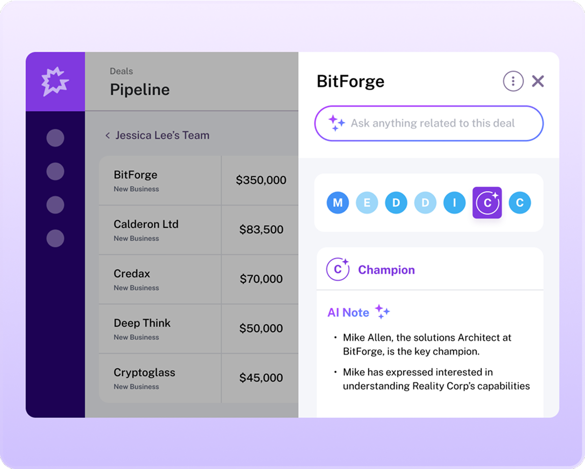 Deals pipeline showing BitForge deal with $350,000 value, team members, and AI notes identifying Mike Allen as champion.