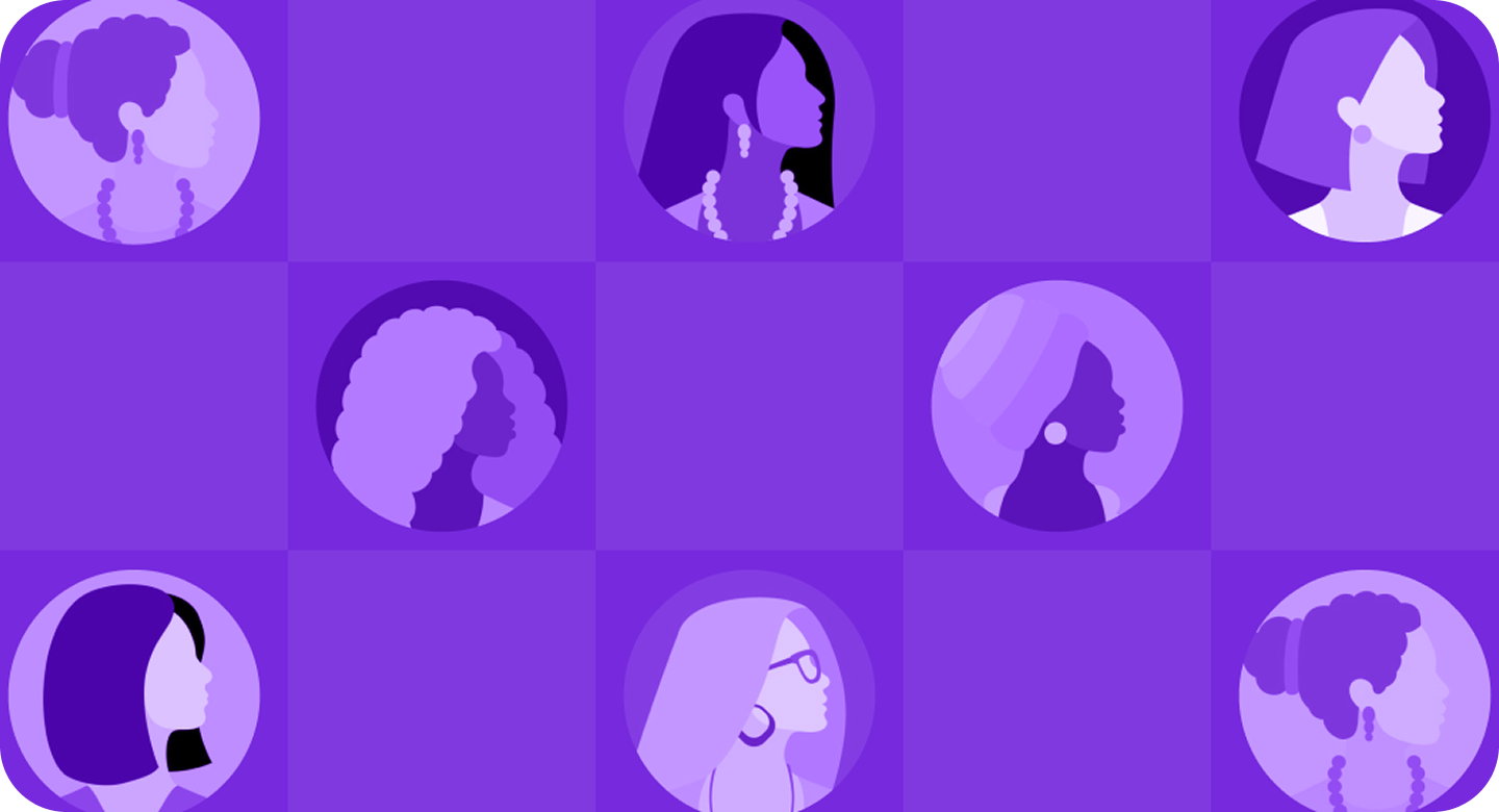 Grid of nine female profile silhouettes against a purple checkered background.