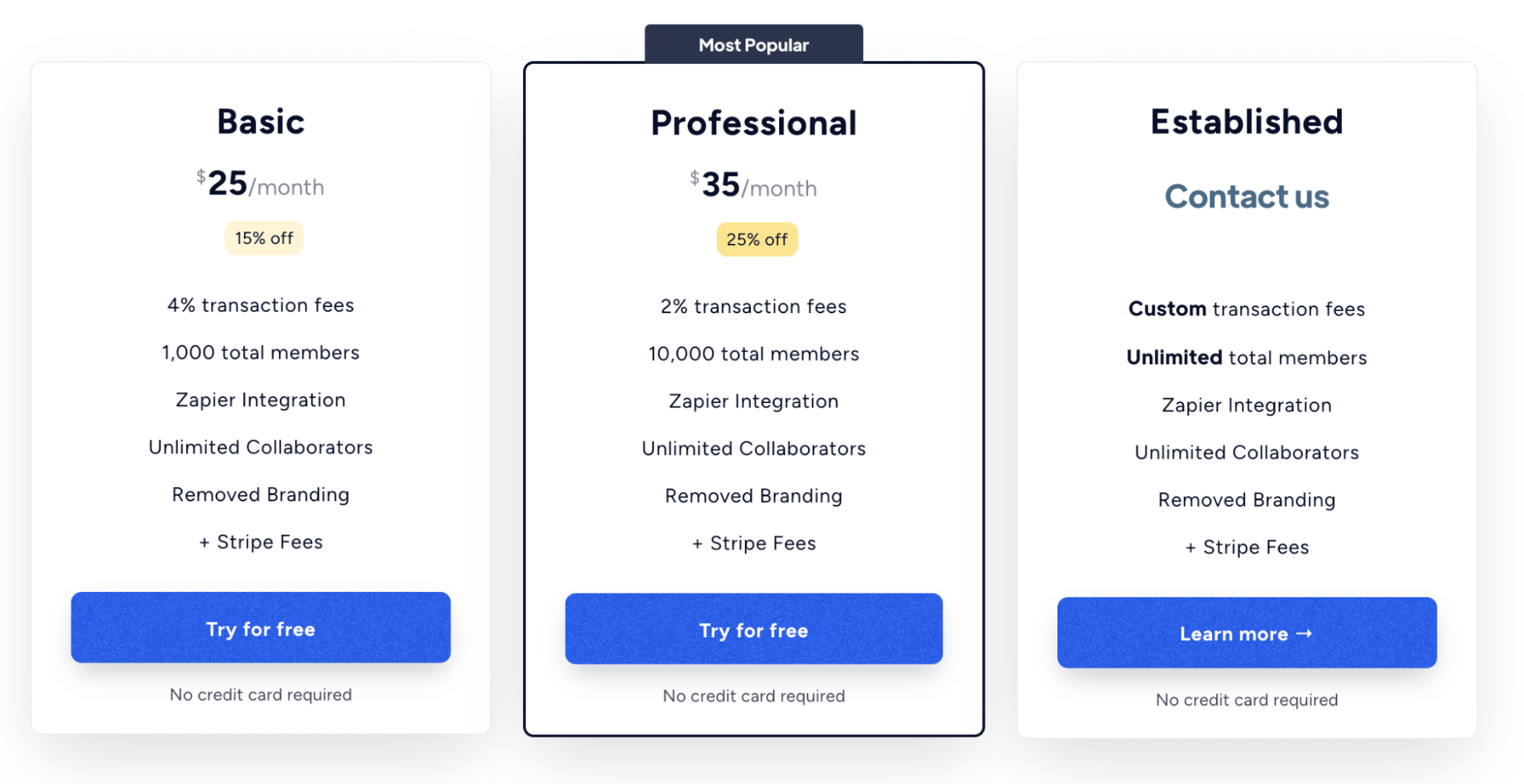 Memberstack pricing comparison: Basic ($25/month, 4% fees), Professional ($35/month, 2% fees), Established (custom pricing).