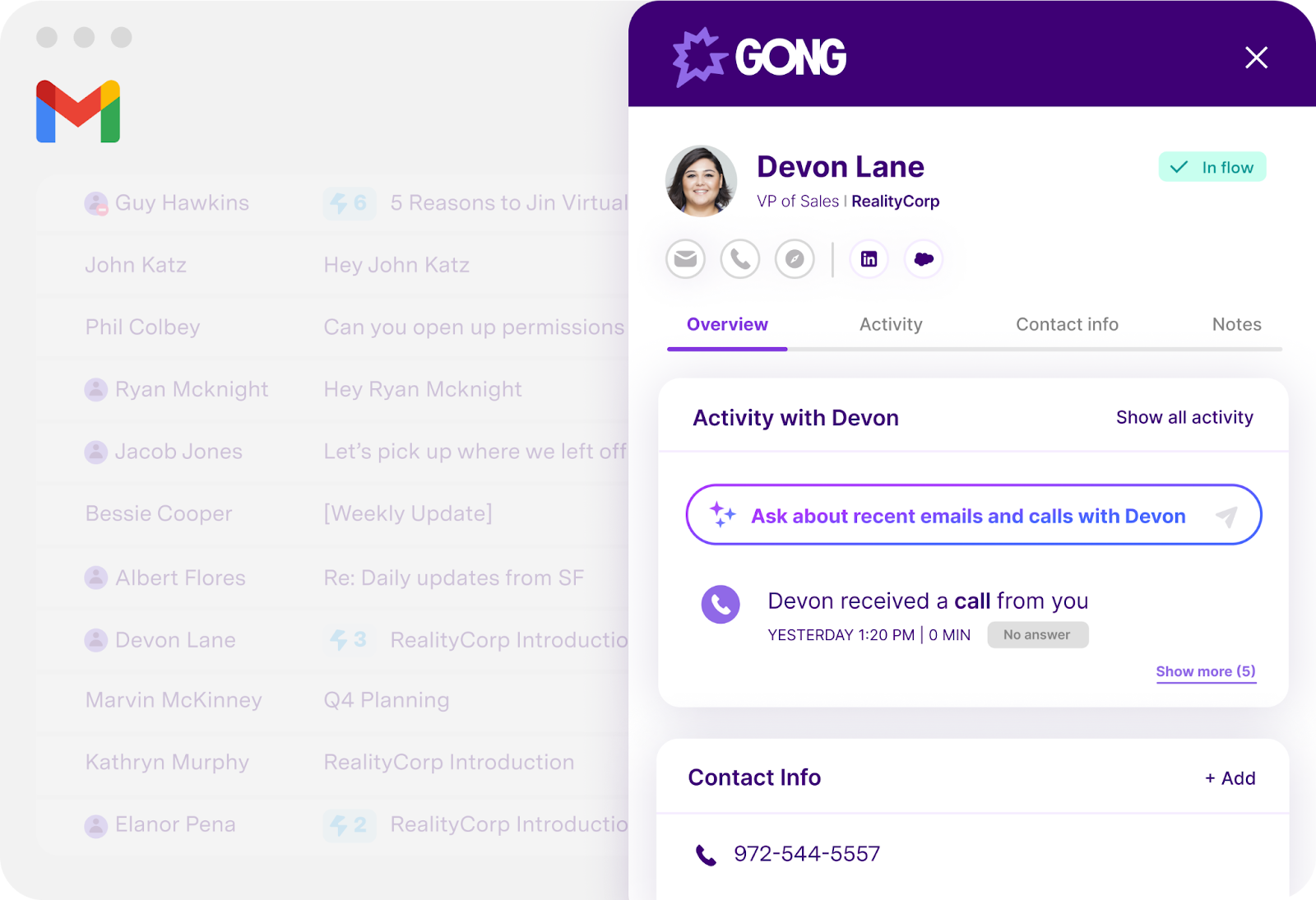 Gong contact profile for Devon Lane showing VP of Sales at RealityCorp with recent call activity and contact information