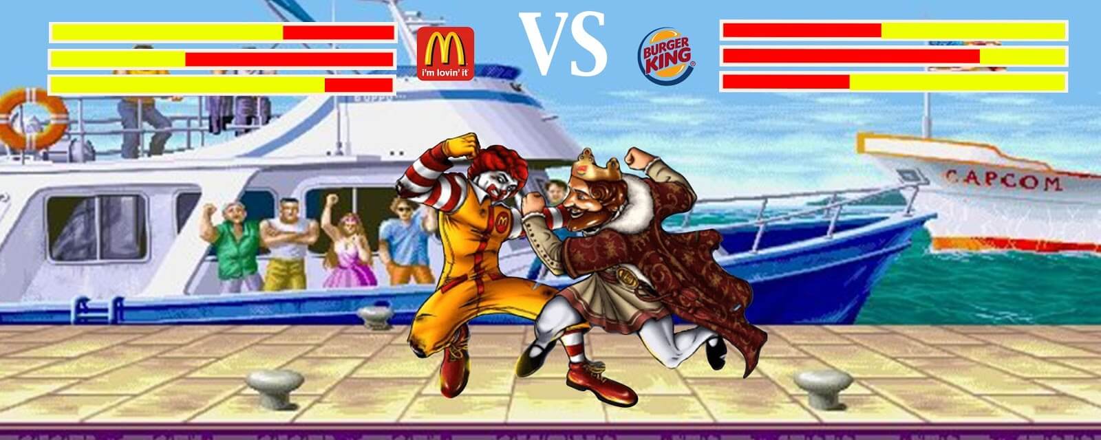 McDonald's vs Burger King fighting on a dock