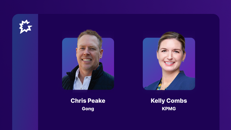 Headshots of a man and a woman in squares against a purple background