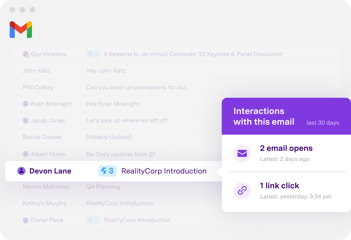 Gmail interface showing email interactions: 2 opens and 1 link click on RealityCorp Introduction email from Devon Lane