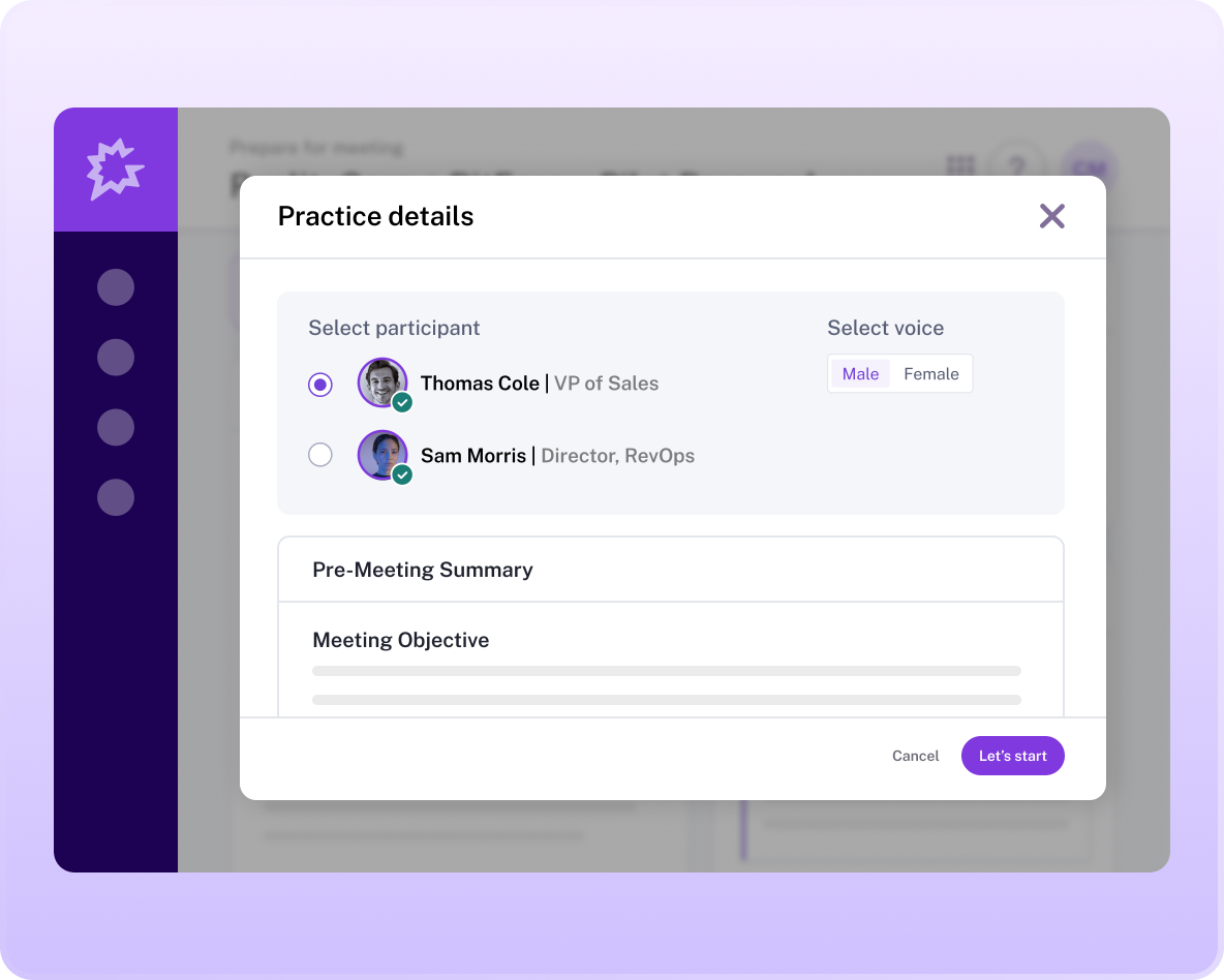 A "Practice details" modal in Gong's AI Trainer feature, where a user selects a meeting participant and voice setting to begin a dry-run practice session.