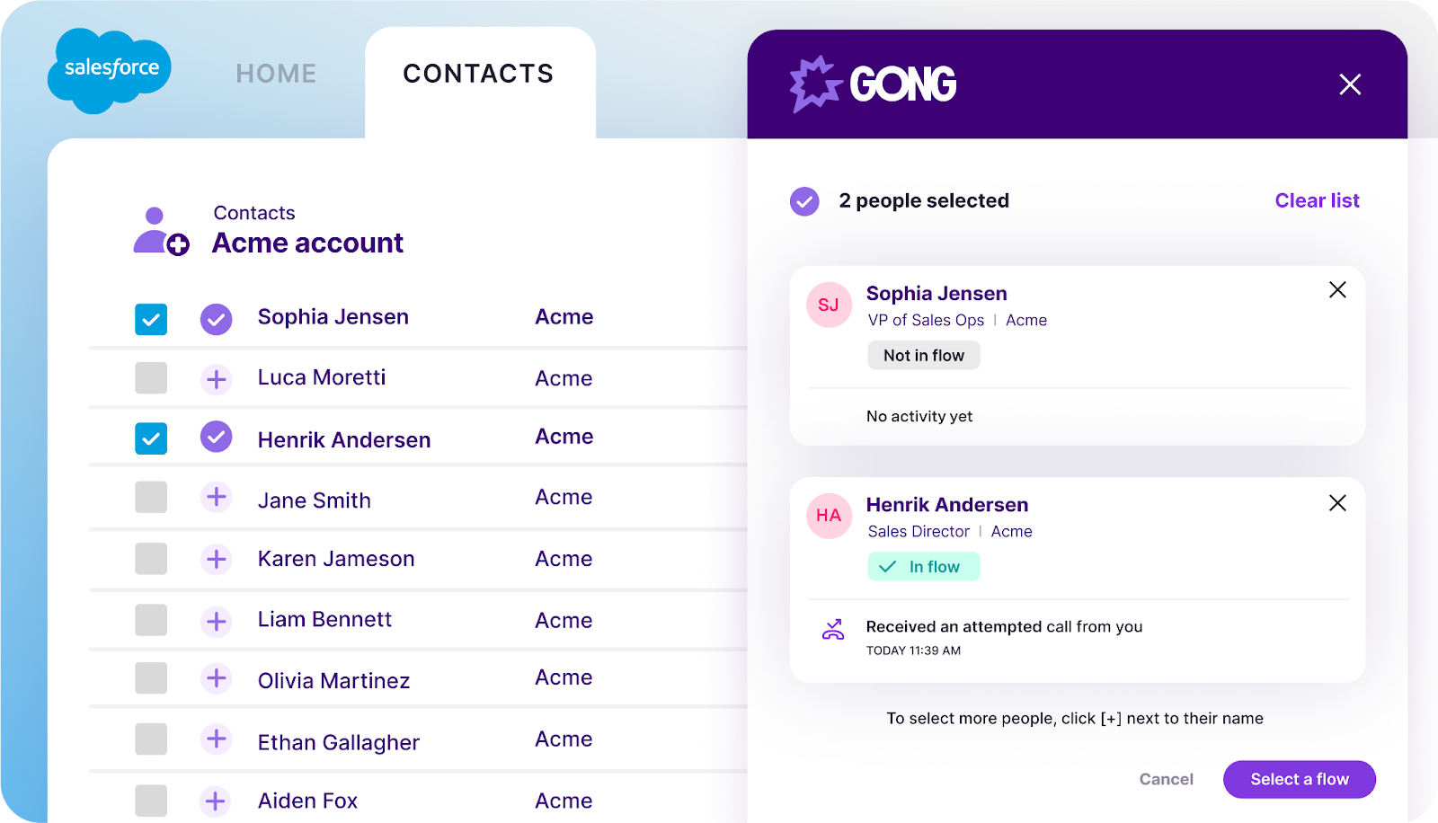 Gong contact selection interface showing Sophia Jensen and Henrik Andersen chosen from Acme account list