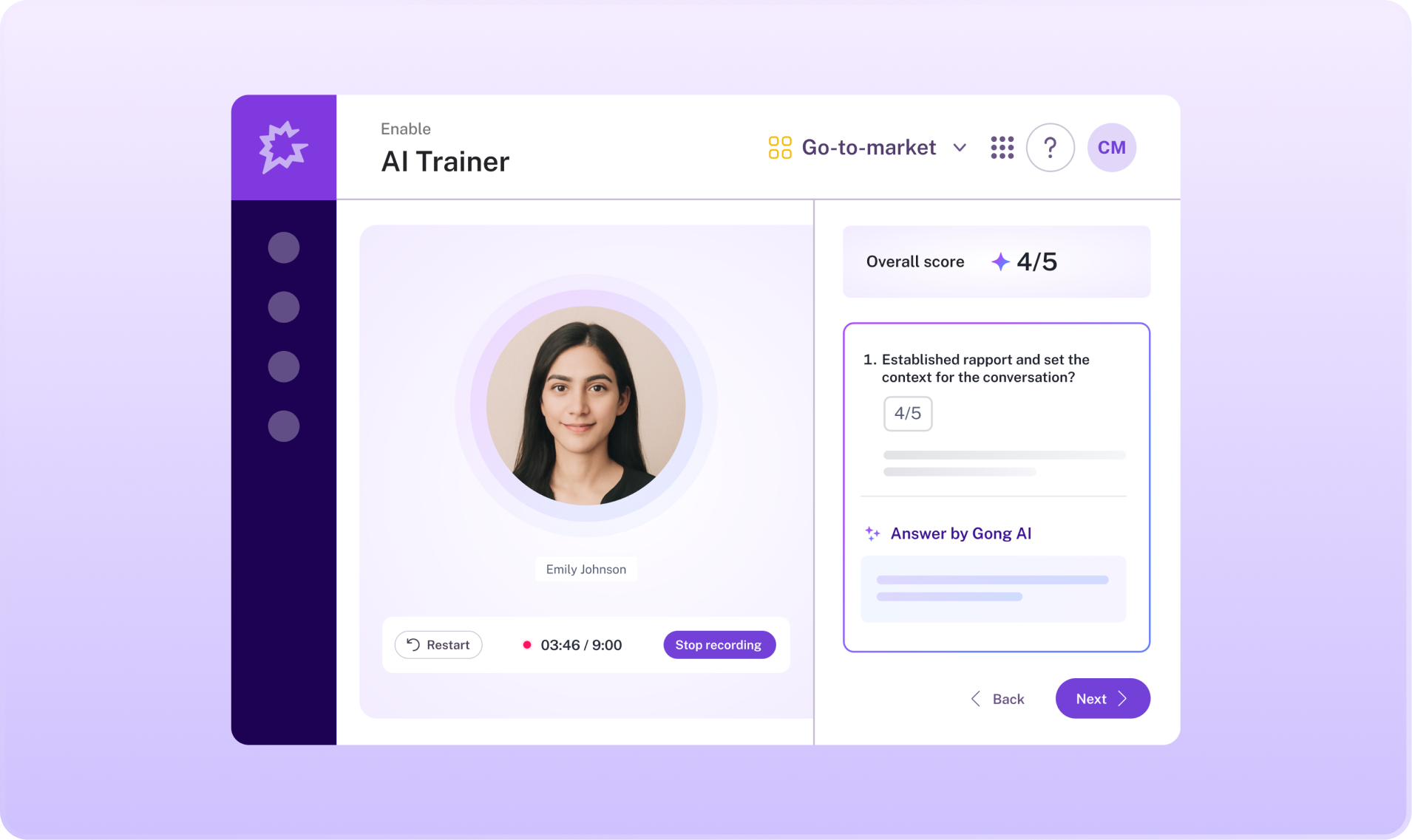 AI trainer dashboard showing a call with an overall score of 4/5