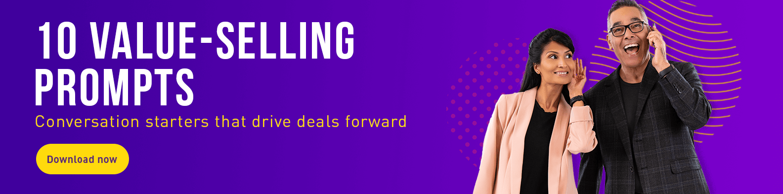 Two professionals discussing value-selling prompts on purple background