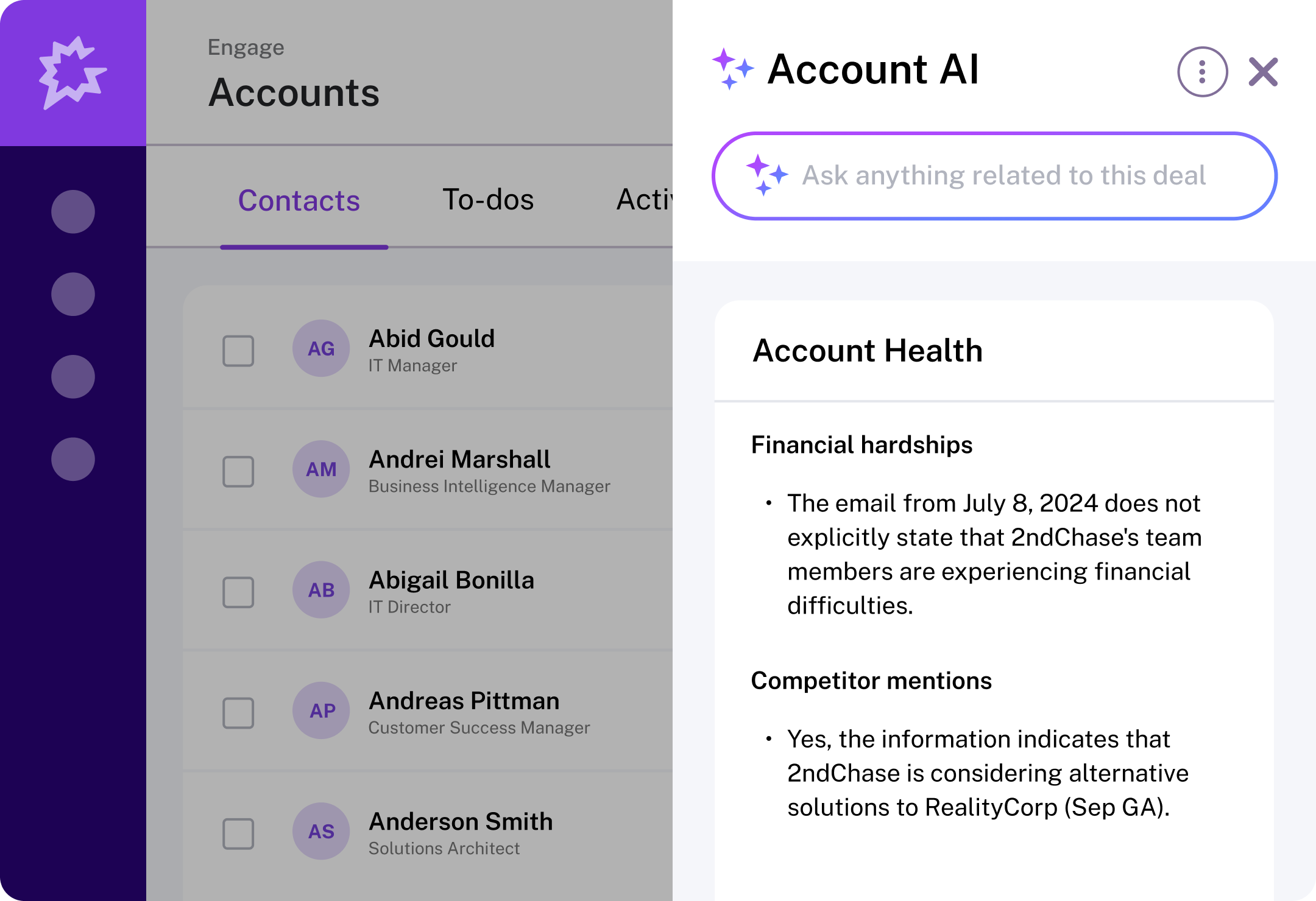 Account AI interface showing deal health metrics and contact list with financial hardships and competitor analysis