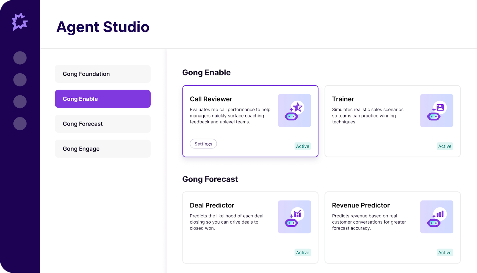 Agent Studio dashboard showing Gong Enable, Gong Forecast, and Gong Engage AI agents for revenue teams.