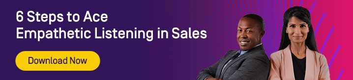 Two sales professionals smiling at camera with purple and pink gradient background, promoting empathetic listening guide