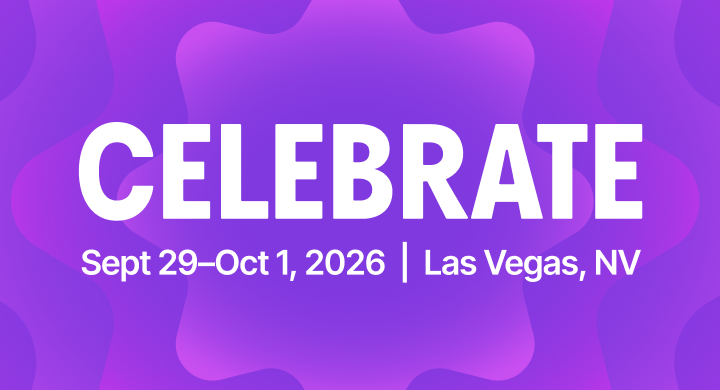 event card for Celebrate 2026 in Las Vegas, featuring an abstract purple gradient background with layered organic shapes.