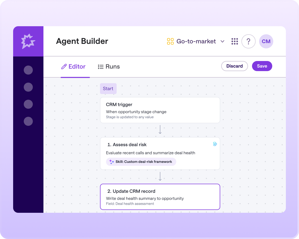 Gong's Agent Builder editor displaying a visual workflow where a CRM trigger fires on an opportunity stage change to assess deal risk and write a deal-health summary back to the CRM.