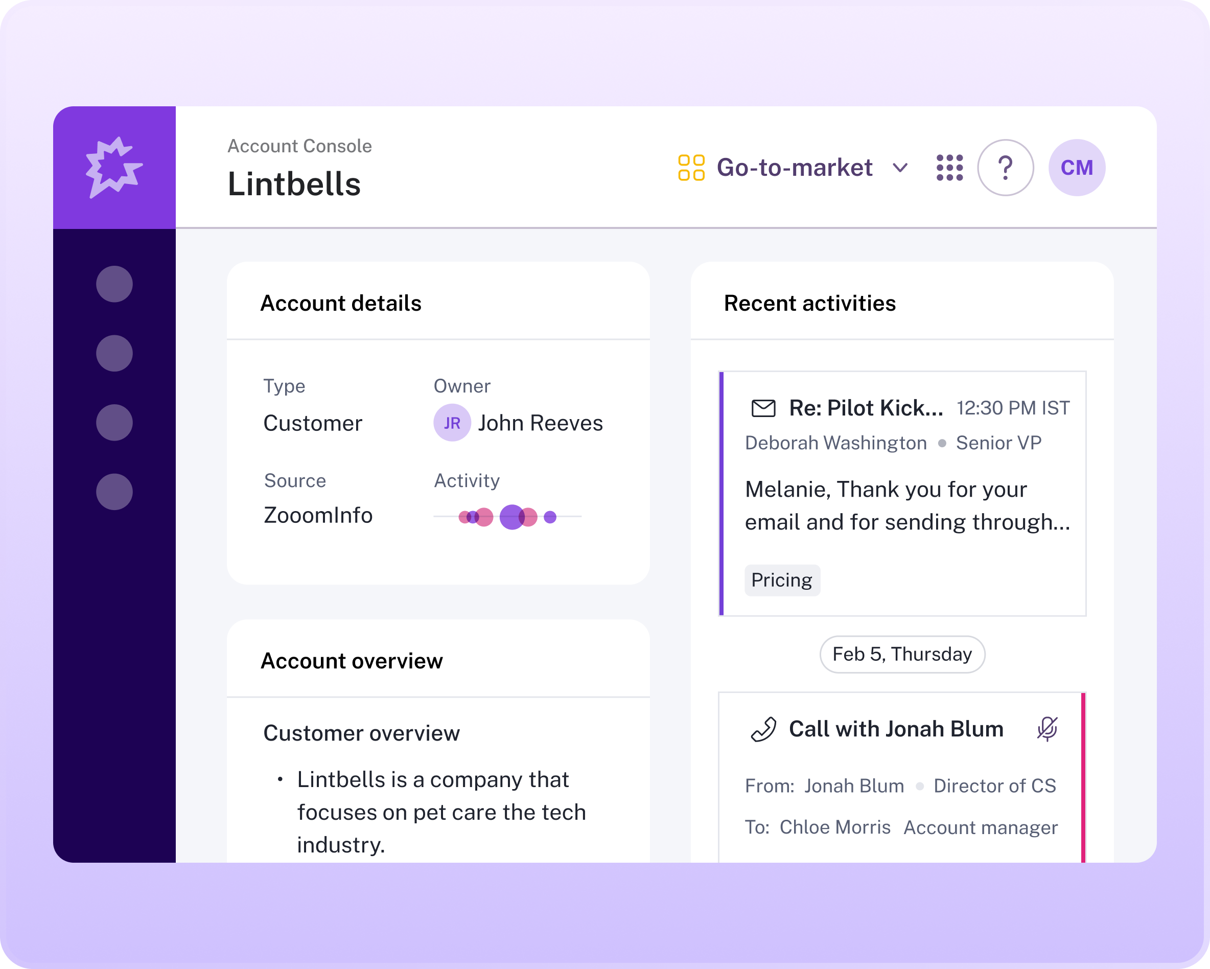 An account console dashboard for the company Lintbells.