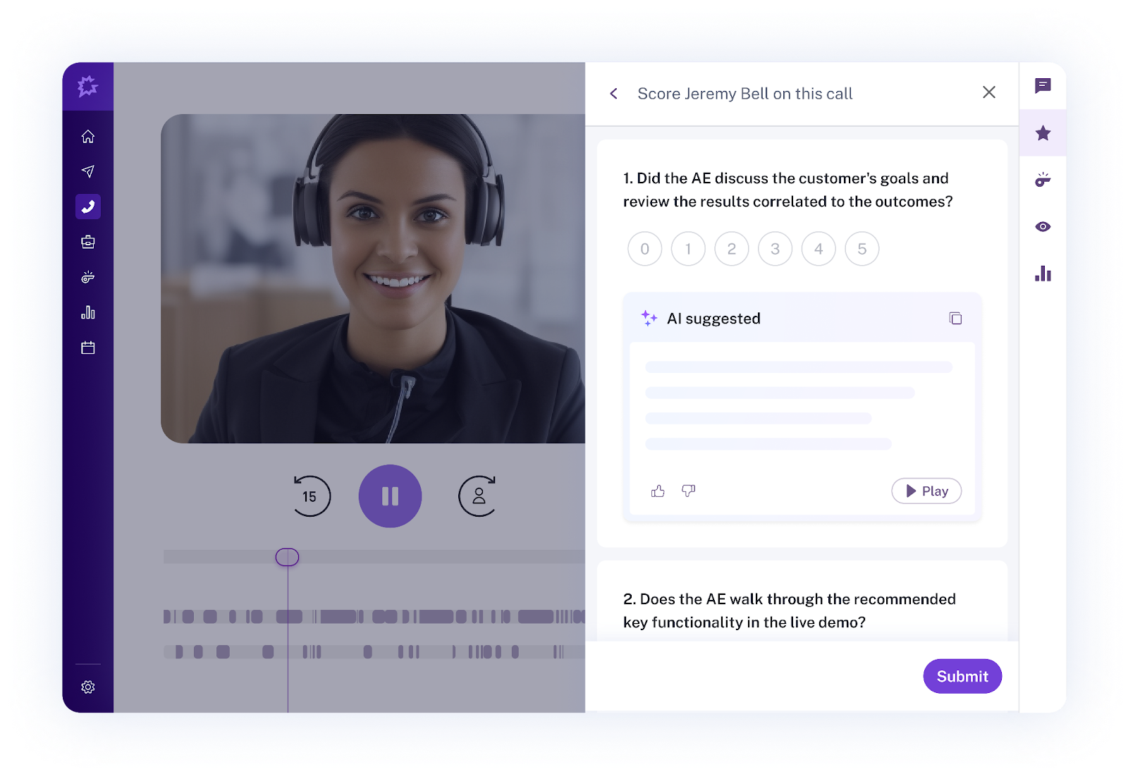 Gong call scoring UI showing question 1 on customer goals discussion with 0-5 rating scale and AI suggested feedback for Jeremy Bell's call evaluation.