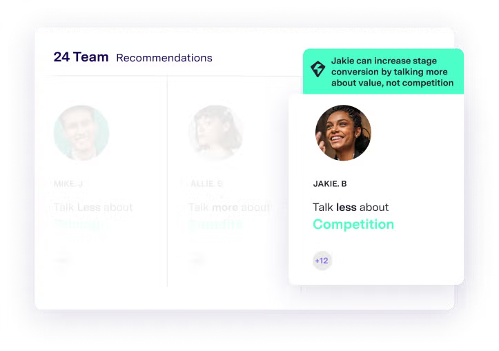 Dashboard with coaching recommendations for a sales team, highlighting a tip for a team member named Jakie
