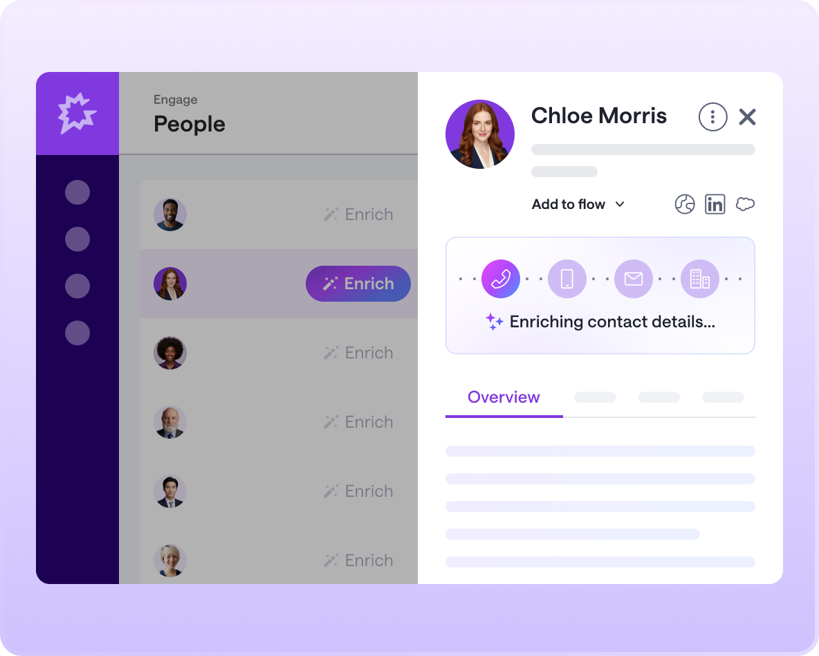 A contact panel in Gong's Engage/People view showing an AI-powered "Enrich" action populating contact details like phone, mobile, email, and company for a selected person.