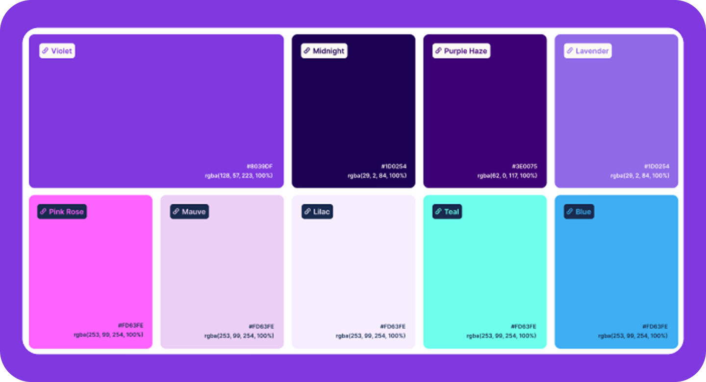Gong brand color palette displaying 9 color swatches with hex and RGB values for Violet, Midnight, Purple Haze, Lavender, Pink Rose, Mauve, Lilac, Teal, and Blue.
