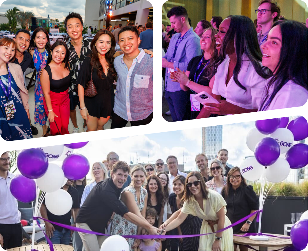 Three groups of people posing together in different photos