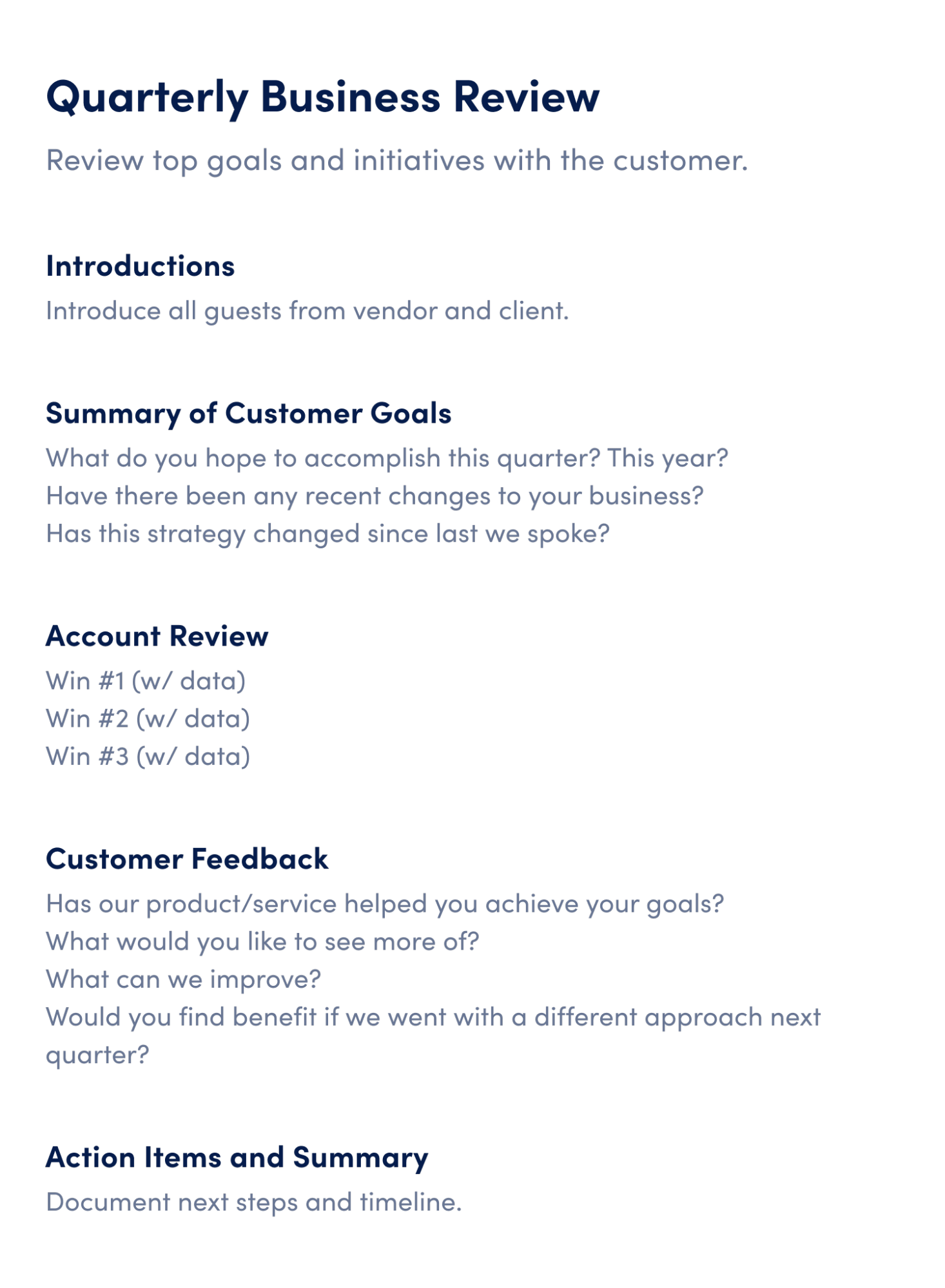 QBR agenda template with sections for goals, account review, customer feedback, and action items.