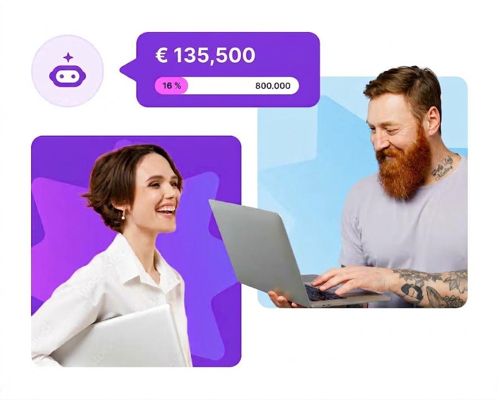 Woman on the phone and man on the phone with a AI agent pop up above them