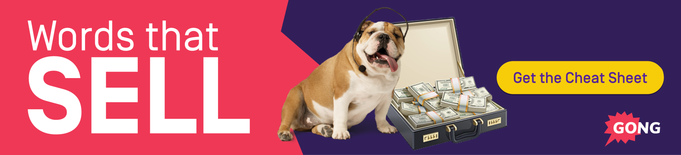 Words that sell blog post banner with bulldog and money briefcase