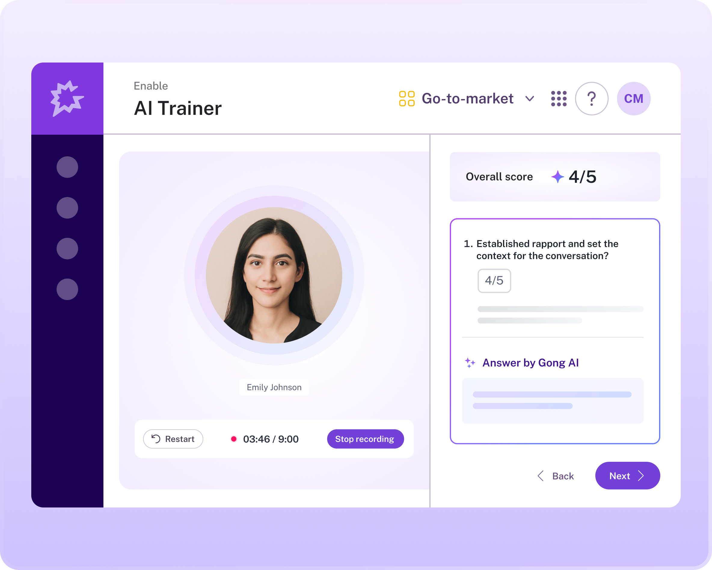 Dashboard showing a video recording interface for Emily Johnson, including an overall performance score of 4/5.