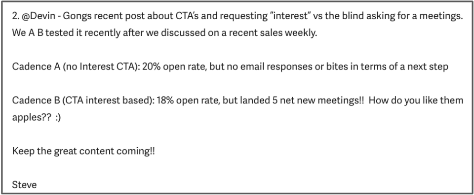 A/B test results: interest-based CTA generated 18% open rate and 5 meetings vs. 20% open rate with no CTA
