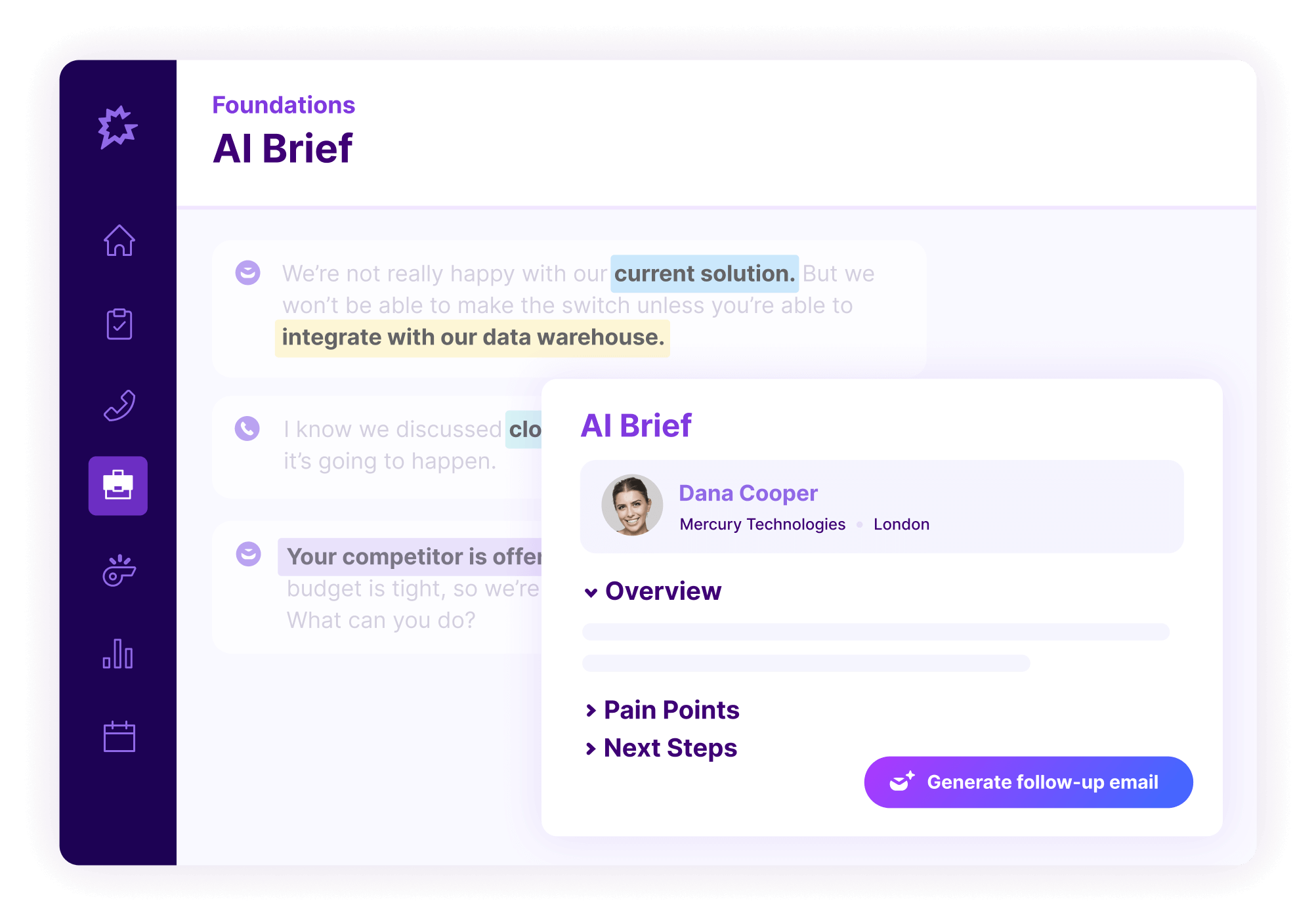 AI Brief interface showing conversation overview with Dana Cooper from Mercury Technologies