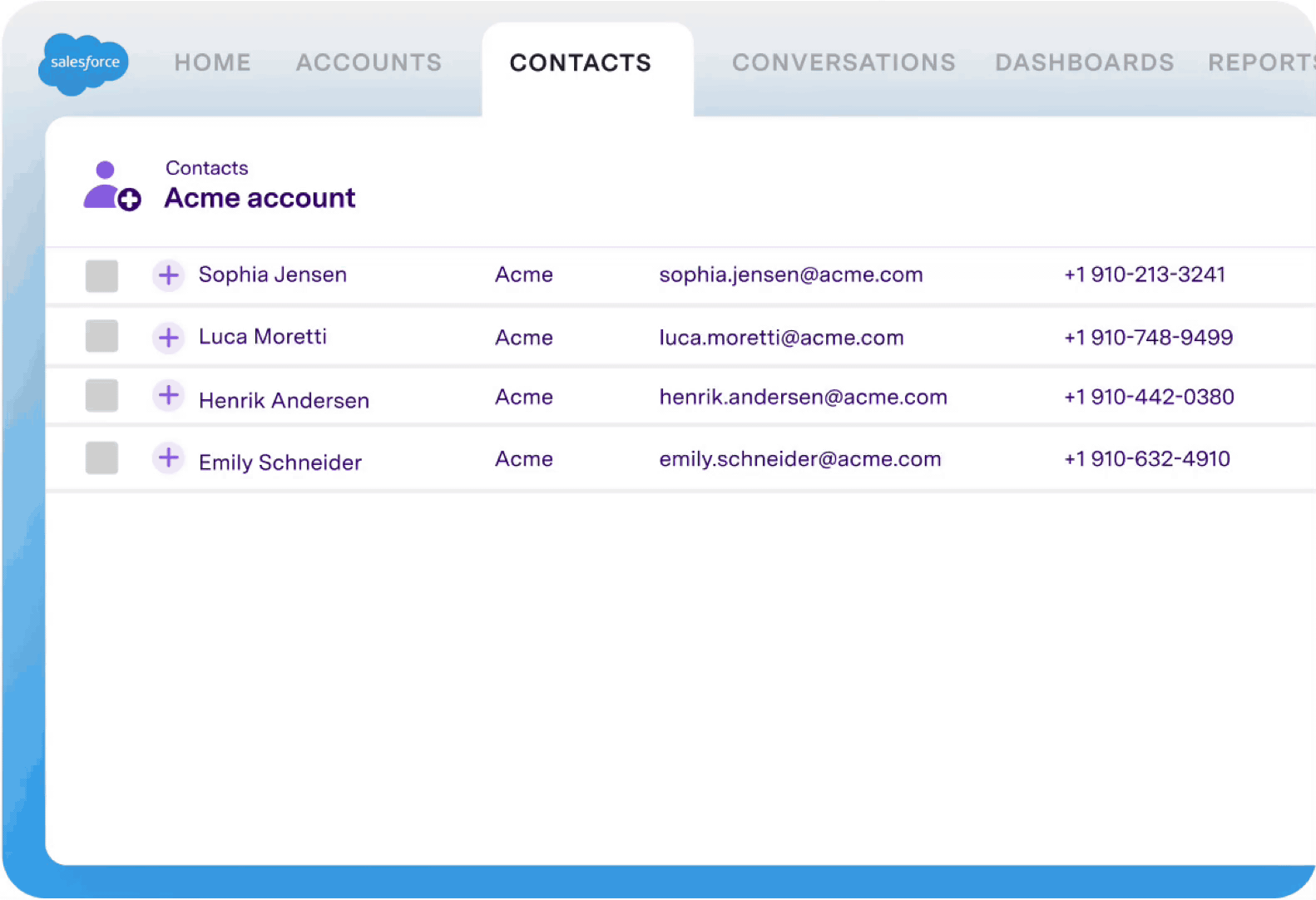 Salesforce Contacts view showing Acme account with 4 contacts and their email addresses and phone numbers