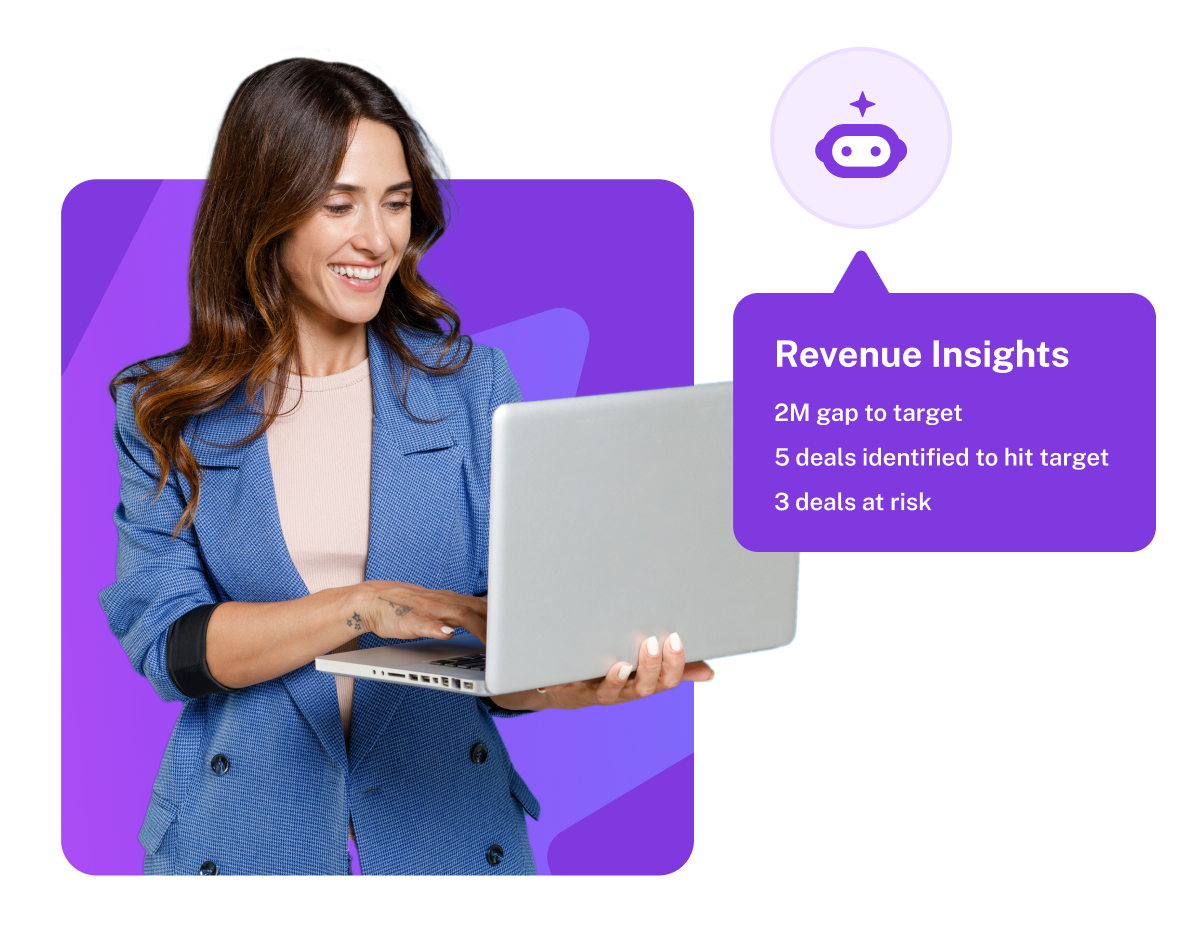 Woman using laptop displaying Revenue Insights dashboard with pipeline forecast data