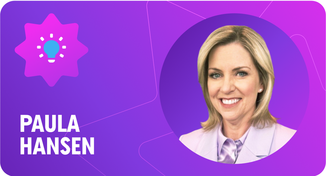 Paula Hansen, Golden Gong Award winner, on purple gradient background