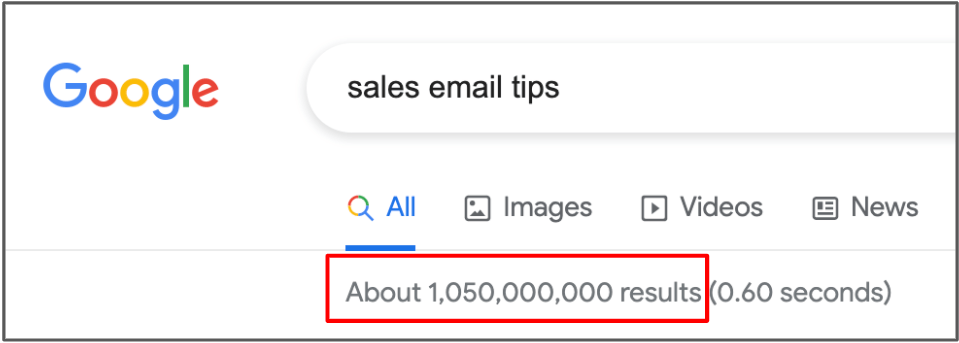 Google search results for "sales email tips" showing 1.05 billion results