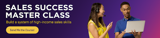 Sales Success Masterclass promotional banner with instructor and student on laptop