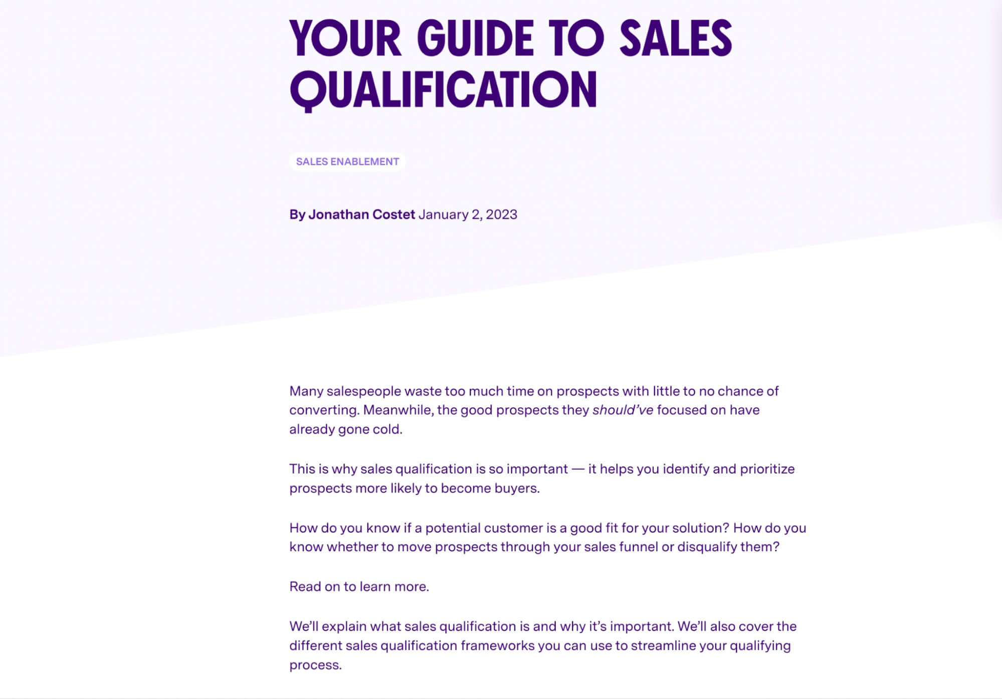 Header for "Your Guide to Sales Qualification" article by Jonathan Costet, January 2, 2023