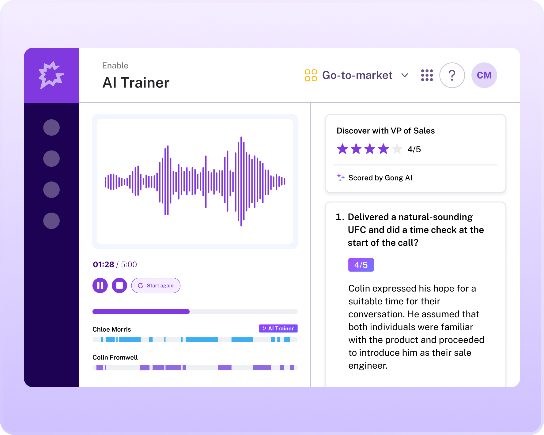 Dashboard view of Gong Revenue Analytics showing pipeline metrics, deal trends, and team performance against targets, with configurable charts and actionable insights for revenue teams.